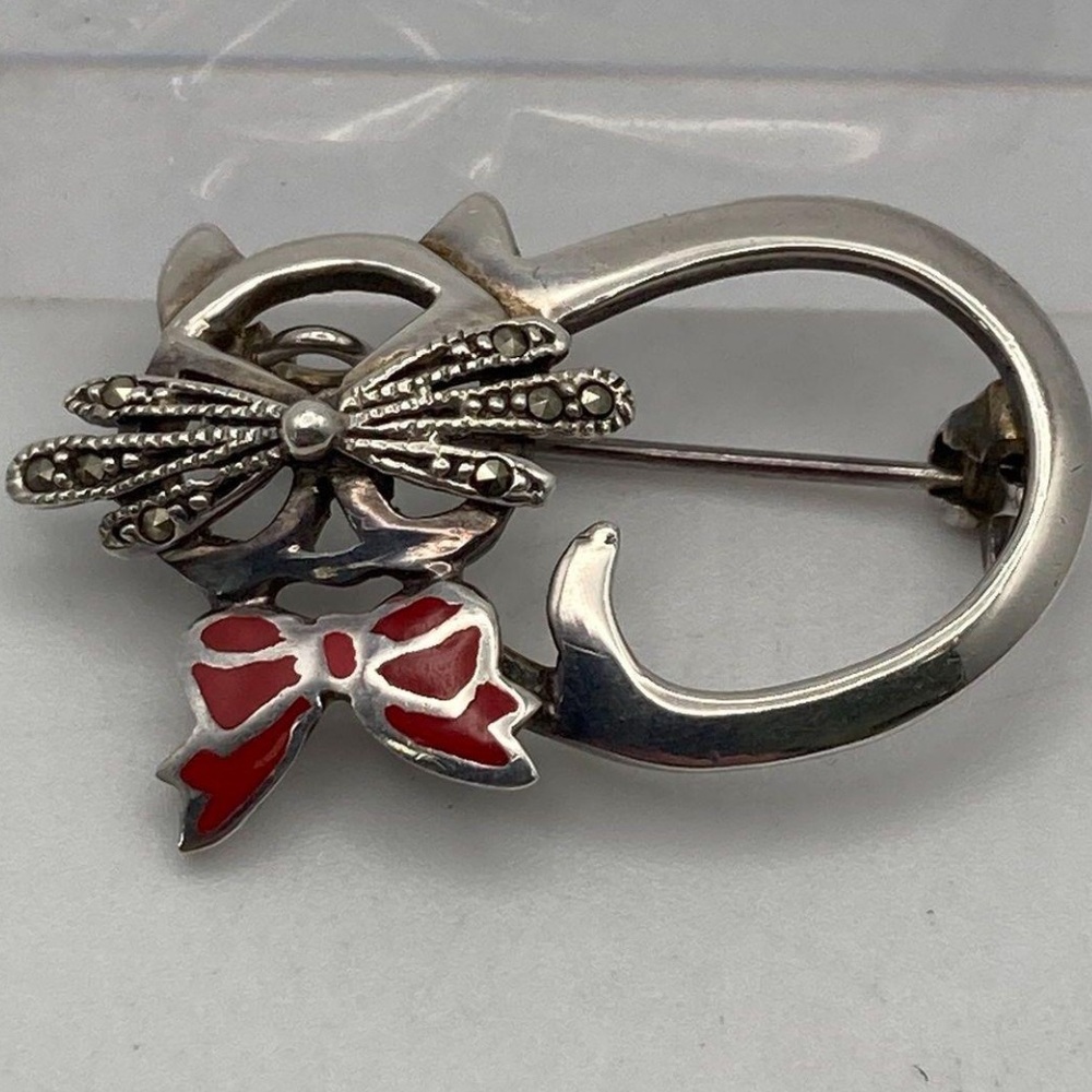 Coldwater Creek Sterling Silver Marcasite Cat In Bow Red Inlay Brooch 2042